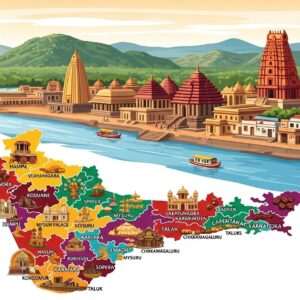 A picturesque landscape of Karnataka featuring a serene river winding through lush green hills, with traditional Indian temples and vibrant villages nestled along the banks. The scene is brought to life with golden sunlight casting a warm glow over the landscape, highlighting intricate patterns of traditional Karnataka architecture. In the foreground, a stylized map of Karnataka's districts and taluks is subtly integrated into the scene, with vibrant colors and intricate details. The art style merges traditional Indian art forms with modern digital aesthetics, using rich colors like saffron, maroon, and peacock blue. The overall tone is tranquil and inviting, blending heritage with contemporary elegance.