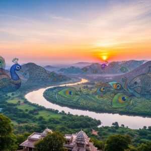 A serene and ethereal depiction of the Karnataka landscape, showcasing a vibrant sunrise over lush green hills and rivers. The scene is adorned with intricate patterns inspired by traditional Indian art forms like Madhubani and Pattachitra, featuring cultural motifs such as stylized peacock feathers and mandalas. The sky is painted in soft pastel hues of pink, blue, and gold, with glowing lights illuminating the horizon. In the foreground, traditional Karnataka architecture with beautifully carved temples and houses can be seen. The composition is tranquil and harmonious, capturing the essence of Karnataka's rich heritage blended with a modern digital aesthetic. The art style is hyperrealistic with a touch of surreal fantasy, invoking a sense of exploration and cultural richness.