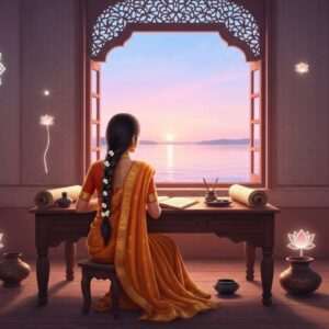 A serene, ethereal image depicting a tranquil scene of a young Indian woman seated at a traditional wooden desk, surrounded by ancient scrolls and ink pots. She is dressed in a rich, saffron-colored saree with intricate gold embroidery, her hair elegantly braided with jasmine flowers. Behind her, an ornate window opens to a view of the Ganges River bathed in the soft glow of dawn. The sky is painted in pastel hues of pale pink and soft blue, reflecting the calm water below. Glowing mandalas and stylized lotus flowers are subtly integrated into the patterns of the room’s decor. The scene captures a sense of peaceful learning and cultural heritage, inviting viewers to delve into the beauty and history of the Bengali script. The art style is hyperrealistic with a modern digital aesthetic, blending traditional Indian elements with contemporary design sensibilities.