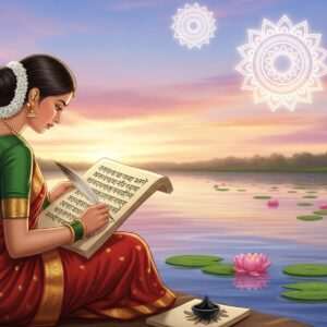 A serene and ethereal scene featuring a young Indian woman in traditional Bengali attire, draped in a vibrant red and gold saree, sitting by a tranquil riverside under a soft pastel sky. She is deeply engaged in writing on a traditional palm leaf manuscript with an ink quill, symbolizing the learning process. The surroundings are adorned with gentle lotus flowers floating on the water surface, and glowing mandalas subtly integrated into the sky, giving a spiritual and educational ambiance. The lighting is warm and inviting, creating an atmosphere of mindfulness and exploration. The art style merges traditional Indian art forms with modern digital aesthetics, making it visually appealing for contemporary audiences.