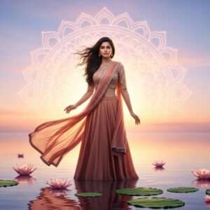 In a serene, ethereal landscape, a beautiful Indian woman with flawless, glowing skin stands gracefully by a calm water surface reflecting the soft hues of a pastel sunrise. Her hair is gently cascading in the breeze, and she's surrounded by delicate, translucent lotus flowers gently floating on the water. The background features a glowing mandala subtly integrated into the scene, casting a warm, inviting light. The woman is dressed in a modern, elegant fusion of traditional Indian attire with contemporary elements, her expression serene and content. The art style is hyperrealistic, emphasizing tranquility and the transformative journey to clear skin.