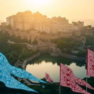 A breathtaking aerial view of the majestic Chittorgarh Fort, captured in a serene, ethereal style. The fort is bathed in the warm golden glow of the setting sun, casting long shadows across its ancient stone walls. In the foreground, vibrant peacock blue and maroon banners flutter gently in the breeze, adorned with intricate patterns inspired by traditional Pattachitra art. The scene features lush green landscapes surrounding the fort, with a clear, calm water surface reflecting the fort's silhouette. The image conveys a sense of timeless history and adventure, inviting viewers to explore its mysteries. The overall tone is tranquil and harmonious, with a modern digital aesthetic that highlights the fort's grandeur and cultural significance.