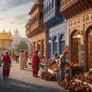 A vibrant and bustling depiction of Amritsar's Heritage Street in 2026, capturing the essence of its rich cultural heritage and modern vibrancy. The scene features a lively street with beautifully restored traditional Indian architecture, showcasing intricate carvings and colorful facades. People of various ages, dressed in a blend of traditional Punjabi attire and modern outfits, stroll along the street, exploring shops filled with handcrafted goods, spices, and textiles. Golden hues of sunlight illuminate the scene, casting a warm glow on the cobblestone path. In the background, the iconic Golden Temple glistens under the serene sky, surrounded by a soft, ethereal aura. The atmosphere is filled with a sense of history, cultural richness, and the dynamic blend of old and new, inviting readers to immerse themselves in the allure of Heritage Street. The art style is hyperrealistic, with a touch of surrealism to emphasize the spiritual and cultural depth of the scene.