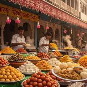 A vibrant Indian market scene in Sasaram, bustling with activity. Stalls are laden with a variety of colorful local foods and famous sweets, beautifully arranged in traditional clay and brass utensils. The foreground features a vendor handing out a plate of piping hot litti chokha, while another serves a tray of golden jalebis glistening in the sunlight. The background shows a blend of modern and traditional architecture, with intricate patterns adorning the stall awnings. Soft pastel hues of saffron and maroon highlight the serene yet lively atmosphere. Intricate motifs like lotus flowers and mandalas subtly embellish the scene, adding an ethereal touch. The lighting is warm and inviting, emphasizing the rich colors and textures of the food, evoking a sense of cultural richness and culinary delight.
