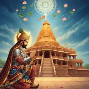 A majestic scene depicting Bappa Rawal, the legendary Rajput king, standing in reverence before the ancient Eklingji Temple. The temple, with its intricate architecture, is bathed in soft golden and saffron hues, reflecting its spiritual significance. Bappa Rawal, adorned in traditional Rajput armor with a flowing maroon and gold cloak, has a serene and devoted expression. He holds a sword with intricate engravings, symbolizing his warrior spirit and devotion. Surrounding him are ethereal glowing lotus flowers and a softly lit mandala pattern in the sky, giving the scene a surreal, spiritual ambiance. The background is lush with peacock blue and deep green tones, incorporating elements of traditional Indian art forms for a rich cultural tapestry. The overall atmosphere is one of peace, devotion, and historical grandeur.