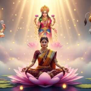 A serene, ethereal scene depicting a devoted Indian woman sitting cross-legged on a large lotus flower in a tranquil pond, surrounded by soft glowing lights and pastel-colored mist. She is adorned in a traditional maroon and saffron saree with intricate golden embroidery, and her expression is one of peaceful meditation. In the background, ethereal images of various Hindu deities emerge from the mist, each distinctively rendered: Lord Ganesha with his elephant head and four arms holding a modak and an axe; Goddess Lakshmi, standing on a lotus, showering gold coins; and Lord Hanuman, depicted with a mace and a gentle smile. The scene is bathed in warm, golden light, with subtle hints of peacock blue and pale pink, emphasizing spirituality and divine presence. The art style is hyperrealistic with a modern digital aesthetic, blending traditional Indian motifs with a contemporary touch.