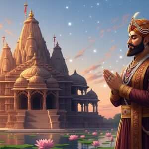 An intricately detailed scene depicting Bappa Rawal, the legendary ruler of Mewar, standing in reverence before the majestic Eklingji Temple. The temple, with its ancient architecture, rises magnificently in the background, adorned with intricate carvings and a golden hue reflecting the warm glow of the setting sun. Bappa Rawal, dressed in traditional regal attire with deep maroon and gold accents, stands with folded hands, embodying a sense of devotion and spiritual connection. Surrounding him are soft, glowing lights that enhance the ethereal atmosphere, casting a serene glow on his face. The scene is enriched with elements like delicate lotus flowers floating on a calm water surface in the foreground, and soft pastel colors in the sky, exuding tranquility and harmony. The art style is hyperrealistic yet infused with a modern digital touch, emphasizing the spiritual aura and historical significance of the moment.