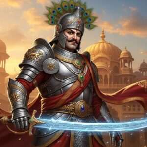 A majestic and heroic depiction of Bappa Rawal, standing tall and regal, clad in intricately detailed Rajput armor with a shining, ornate helmet. He holds a legendary sword in his right hand, its blade shimmering with a mystical glow, reflecting the rich history and valor of ancient India. The background features a grand, traditional Indian palace with intricate carvings and golden domes, evoking the grandeur of his era. The scene is set against a vibrant sky painted in hues of saffron and peacock blue, with soft glowing lights highlighting Bappa Rawal's determined expression. The art style blends traditional Indian motifs with modern digital aesthetics, emphasizing a serene, ethereal, and hyperrealistic quality.