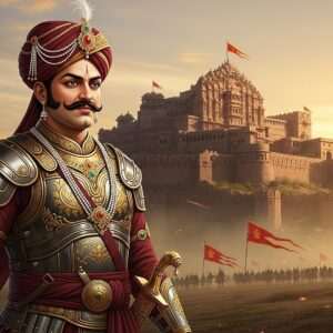 A regal portrait of Bappa Rawal, the legendary Rajput ruler, standing majestically against a backdrop of an ancient Rajput fort with intricate stone carvings. He is adorned in traditional Rajput armor, featuring ornate patterns and motifs, with a rich maroon and gold color palette. His expression is one of wisdom and strength, with a distinct Rajput mustache and a jeweled turban. In the background, the sun sets in a warm golden hue, casting a serene glow over the landscape. The scene captures a sense of history and valor, with subtle elements like traditional Rajput war banners and a faint silhouette of warriors on horseback in the distance. The art style is hyperrealistic with a modern digital touch, emphasizing the ethereal and legendary aura of Bappa Rawal's legacy.