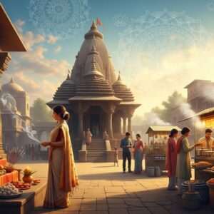 A serene and ethereal scene depicting Sitapur's unique spiritual and culinary essence. In the foreground, an Indian woman in a traditional saree stands gracefully beside a beautifully adorned altar with glowing incense and vibrant offerings of fruits and sweets. The background features a harmonious blend of an ancient temple with intricate carvings and a modern street food market, bustling with locals savoring traditional dishes. The setting is bathed in warm, soft golden light, with pastel hues enhancing the tranquil and spiritual atmosphere. Large mandalas and lotus motifs subtly integrate into the sky and surroundings, giving a surreal touch. The image combines hyperrealistic detail with fantasy elements, inviting viewers into Sitapur's rich cultural tapestry.