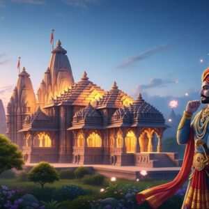 A panoramic view of the Eklingji Temple complex under a serene twilight sky, with a golden, ethereal glow enveloping the intricate stone carvings. The temple architecture is highlighted, showcasing its towering spires and ornate details, surrounded by lush greenery. In the foreground, a regal figure resembling Bappa Rawal stands majestically, adorned in traditional Rajput warrior attire with intricate patterns and vibrant colors. His expression is contemplative, gazing towards the temple. Soft pastel hues of pink and blue blend into the scene, with subtle glowing lotus flowers floating around, creating a harmonious and spiritual ambiance. The art style should be hyperrealistic, capturing the essence of Indian heritage and spirituality with a modern digital aesthetic.