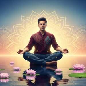 A serene Indian man with well-groomed hair and clear, glowing skin, sitting cross-legged by a calm water surface. He is surrounded by ethereal glowing lights and pastel-colored lotus flowers. The background features soft, golden mandalas subtly blending into a gradient of warm blues and pinks, creating an aura of tranquility and mindfulness. His attire is modern yet hints at traditional elements with subtle patterns in deep maroon and peacock blue. The scene conveys a harmonious blend of heritage and contemporary aesthetics, inviting the viewer to explore the secrets of skincare and hair growth through the lens of cultural wisdom.