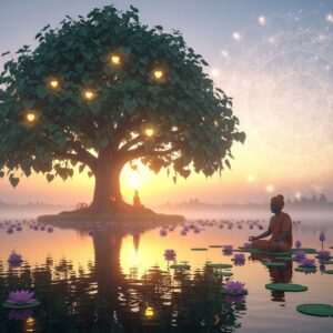 A serene, ethereal scene depicting a majestic Bodhi tree with large, heart-shaped leaves, gently illuminated by soft, warm, golden light filtering through its branches. The tree is set against a tranquil landscape, featuring a calm water surface reflecting the tree's silhouette and a pastel-hued sky at dawn. Beneath the tree, an Indian pilgrim in traditional attire meditates in peaceful reverence, surrounded by delicate lotus flowers floating on the water. Subtle spiritual symbols, like a glowing mandala pattern, are woven into the background, creating a sense of harmony and mindfulness. The art style is hyperrealistic with a touch of surrealism, balancing tradition with modern digital aesthetics, invoking a deep sense of spirituality and tranquility.