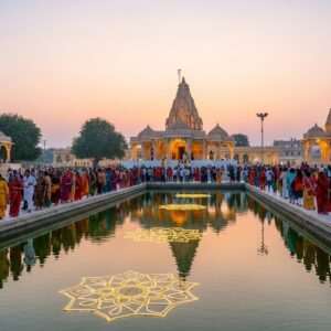 A serene, ethereal depiction of Jalore's revered temples, set against a twilight sky bathed in soft pastel hues of pale pink and warm gold. The temples, intricately designed with traditional Indian architectural elements, are nestled amidst lush greenery and serene water bodies reflecting the glowing mandalas in the sky. Pilgrims, dressed in traditional Indian attire, walk the temple grounds with a sense of tranquility and devotion. The scene is illuminated with soft, glowing lights that highlight the intricate carvings and cultural motifs on the temple walls. The atmosphere is spiritual and peaceful, inviting viewers to embark on a journey of discovery and mindfulness.