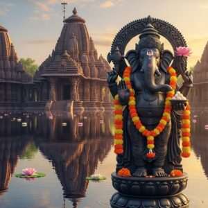 A serene, ethereal depiction of a pilgrimage scene set in Vidarbha, showcasing the intricate architecture of ancient temples surrounded by lush greenery. In the foreground, a calm water surface reflects the temple structures, adding a surreal touch. The sky is painted in soft pastel hues of pink and gold, with delicate lotus flowers floating on the water. At the center, an intricately carved statue of Lord Ganesha, with four arms holding a lotus, a goad, a noose, and modak, is adorned with marigold garlands. The atmosphere is illuminated with a gentle, warm glow, accentuating the spiritual and tranquil essence of the scene. The art style merges traditional Indian elements with modern digital aesthetics, featuring rich colors and intricate patterns that draw the viewer into a journey of spiritual discovery.