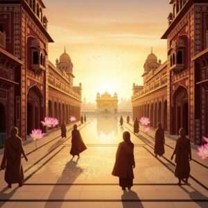 A serene, ethereal scene of Amritsar's Heritage Street during a vibrant sunrise. The street is lined with traditional Indian architecture, showcasing intricate carvings and colorful facades in hues of maroon, gold, and peacock blue. Pilgrims in traditional attire walk gracefully along the path, their silhouettes softly illuminated by the warm glow of the morning light. The air is filled with a sense of tranquility and devotion, as lotus flowers and subtle mandalas appear in the ambient lighting. The distant view of the iconic Golden Temple adds a touch of sacredness to the scene, its reflection shimmering in the calm water surface nearby. The art style blends the rich textures of Madhubani patterns with a modern digital aesthetic, creating a captivating and inviting atmosphere for readers.