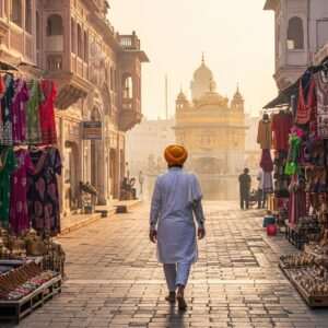 A serene, ethereal scene of Amritsar's Heritage Street at dawn, bathed in a soft, golden glow. The street is lined with intricately designed buildings reflecting a blend of traditional Punjabi and modern architecture. At the center, an Indian pilgrim dressed in a flowing white kurta-pajama and a saffron turban walks with a sense of reverence towards the golden entrance of the Harmandir Sahib (Golden Temple) in the distance. The temple glimmers with an otherworldly radiance, its reflection shimmering on the tranquil water of the holy Sarovar. Surrounding the pilgrim are vibrant stalls displaying colorful phulkari fabrics, traditional crafts, and spiritual artifacts. Lotus flowers and glowing mandalas subtly adorn the sky, adding to the spiritual ambiance. The art style should be hyperrealistic with a touch of digital fantasy, capturing the tranquility and divinity of the pilgrimage journey.