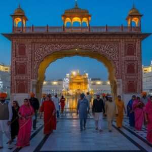 An awe-inspiring scene of Amritsar's Heritage Street, bustling with vibrant energy under a twilight sky. The foreground features a beautifully detailed, traditional Indian archway adorned with intricate patterns and motifs in gold and maroon, inviting the viewer into the street. Lining the street are elegant, modernized buildings with traditional Indian architecture influences, softly glowing with pastel lighting. In the distance, the majestic Golden Temple shines ethereally, its golden dome reflecting in calm water, surrounded by serene lotus flowers. Pilgrims in traditional attire stroll peacefully along the path, their expressions serene and contemplative. The atmosphere is tranquil yet lively, capturing the essence of a spiritual journey. The art style is hyperrealistic with a touch of surrealism, highlighting the cultural richness and modern aesthetics.