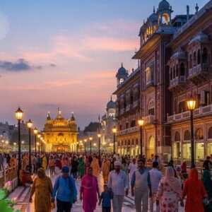 A serene and ethereal depiction of Amritsar's Heritage Street at dusk, illuminated by the warm, glowing lights of ornate street lamps. The scene features a bustling yet harmonious crowd of Indian pilgrims and visitors, dressed in traditional and modern attire, moving along the vibrant street. The architecture is a blend of historical Punjabi facades with intricate patterns and motifs, highlighted by rich colors like maroon and peacock blue. In the background, a majestic view of the Golden Temple's golden dome glows softly under a pastel-hued sky, creating a tranquil atmosphere. Lush lotus flowers and subtle mandalas are subtly integrated into the scene, enhancing the spiritual essence. The image is hyper-realistic with a touch of modern digital artistry, capturing the cultural richness and inviting aura of Amritsar.
