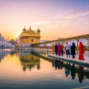 A serene depiction of the Golden Temple at dawn, its golden dome reflecting on the calm, sacred Amrit Sarovar. In the foreground, an ethereal glow illuminates a pathway lined with delicate lotus flowers leading to the temple. Soft pastel colors of the morning sky blend with the deep maroon and peacock blue hues, creating a tranquil atmosphere. Pilgrims in traditional Indian attire are seen in peaceful prayer, their silhouettes gently accentuated by the warm golden light. The scene captures the spiritual essence and divine allure of Amritsar's holiest site, rendered in a hyperrealistic style with intricate cultural motifs subtly integrated into the architecture.