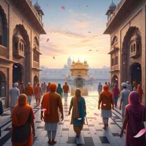 A serene, hyperrealistic scene of Heritage Street in Amritsar, bathed in the soft glow of early morning light. The street is bustling with Indian pilgrims dressed in traditional attire, their faces reflecting a sense of peace and anticipation. Richly detailed buildings with ornate facades line the street, showcasing intricate patterns inspired by traditional Indian art forms. In the background, the iconic Golden Temple shimmers ethereally in the distance, surrounded by a tranquil water surface reflecting the pastel hues of the dawn sky. The air is filled with a subtle golden light, and delicate lotus petals float gently through the scene, adding to the spiritual and harmonious atmosphere. The overall tone is modern yet deeply rooted in cultural heritage, capturing the essence of a spiritual journey in Amritsar.