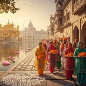 An ethereal depiction of Amritsar's Heritage Street bustling with life and culture. The scene is bathed in a warm, golden glow that highlights the intricate details of traditional Punjabi architecture. Indian pilgrims, dressed in vibrant, flowing traditional attire, stroll along the street, their faces filled with anticipation and reverence. In the background, the majestic Golden Temple shines in the soft morning light, its reflection shimmering in the calm water of the holy tank. The atmosphere is serene and spiritual, with elements like blooming lotus flowers and subtle mandalas adding to the cultural richness. The art style merges traditional Indian aesthetics with modern digital techniques, creating a hyperrealistic yet surreal image that captivates and invites exploration.