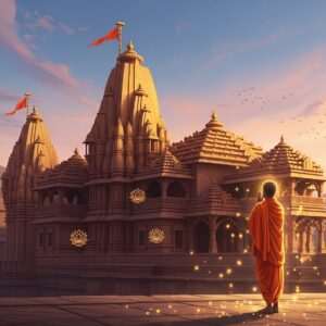 An ethereal scene of the sacred city of Jalore, depicting a serene landscape at dawn with the majestic temples of Jalore bathed in a soft golden glow. The temples are intricately detailed with traditional Indian architectural elements, adorned with lotus motifs and subtle mandalas. In the foreground, an Indian pilgrim, dressed in a flowing saffron robe, stands in reverence with folded hands, surrounded by gentle, glowing lights that create an aura of spirituality and peace. The sky is a gradient of warm pinks and soft blues, dotted with ethereal clouds. The atmosphere is tranquil and inviting, capturing the essence of a spiritual journey in a modern, digital art style with rich colors and serene elements.