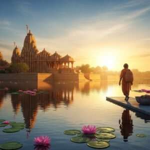 A serene and ethereal scene of a pilgrim walking towards the ancient temples of Pali, set against a stunning sunset sky with hues of soft blue, pale pink, and warm gold. The temples are intricately carved with traditional Indian motifs, bathed in a gentle golden glow. The foreground features calm water surfaces reflecting the vibrant colors of the sky, with floating lotus flowers adding a touch of tranquility. The pilgrim, dressed in traditional Indian attire, appears contemplative and peaceful, embodying a sense of spiritual journey. The art style is hyperrealistic, capturing the intricate details of the temple architecture and the serene atmosphere, inviting the viewer to embark on their own spiritual exploration.