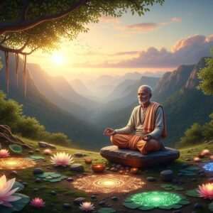A serene and ethereal landscape of the Aravalli mountain range at dawn, with a soft pastel color palette featuring warm gold, pale pink, and soft blue hues. In the foreground, a peaceful Indian pilgrim dressed in traditional attire, with a gentle smile, is seen meditating on a large rock surrounded by glowing mandalas and delicate lotus flowers. The backdrop features a mystical temple nestled among lush greenery, with intricate carvings and cultural motifs. Gentle rays of sunlight cast a divine glow over the scene, creating a sense of tranquility and spiritual awakening. The art style is hyperrealistic with surreal elements, focusing on serenity and mindfulness, suitable for digital platforms.