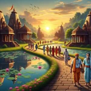A serene, ethereal depiction of a spiritual pilgrimage path winding through the lush landscapes of Sasaram. The path is lined with ancient, revered temples, each adorned with intricate carvings and glowing softly in the warm, golden light of the setting sun. In the foreground, a tranquil lotus pond reflects the temples' silhouettes, while peacock blue and saffron hues paint the sky. Pilgrims dressed in traditional Indian attire walk along the path, their expressions serene and contemplative. The scene is imbued with a surreal, dreamlike quality, blending traditional Indian artistry with modern digital aesthetics, emphasizing tranquility and spirituality.