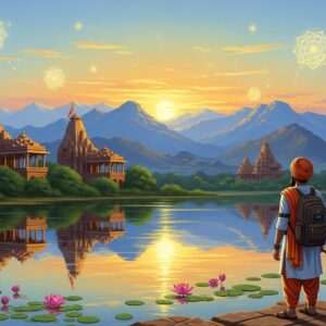 A majestic, hyperrealistic view of the Aravalli Range under a serene twilight sky, painted in shades of pastel blue and warm gold. The landscape is dotted with ancient temples and intricate carvings reminiscent of traditional Indian art. In the foreground, a tranquil lake reflects the soft glow of the setting sun, casting a warm light on the lush greenery. A lone Indian traveler, dressed in traditional attire with a modern twist, stands at the edge of the water, gazing at the distant mountains. Lotus flowers float gracefully on the lake's surface, and faint glowing mandalas hover in the sky, adding an ethereal touch. The scene embodies a perfect blend of nature's tranquility and spiritual exploration.
