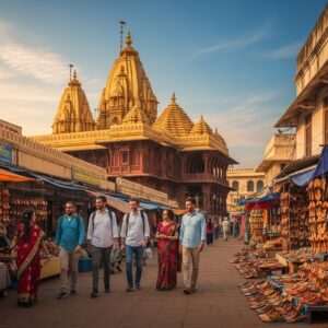 A vibrant and soulful depiction of Kolhapur, showcasing the iconic Mahalakshmi Temple with its intricate carvings and golden aura. In the foreground, a group of Indian travelers in modern, stylish attire explore the bustling marketplace, filled with vivid stalls displaying Kolhapuri chappals, traditional jewelry, and vibrant textiles. The scene is bathed in warm, golden light, highlighting the rich maroon and saffron colors of the temple and market. A peacock blue sky with soft pastel clouds provides a serene backdrop. The image captures the essence of Kolhapur's cultural heritage and modern charm, with an ethereal, surreal touch to entice readers to delve deeper into their journey.