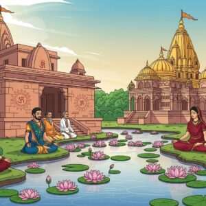 A serene, ethereal depiction of Batala's spiritual landscape, featuring a blend of traditional and modern aesthetics. The scene includes a majestic temple with intricately carved golden domes and spires, surrounded by lush greenery and blooming lotus ponds. In the foreground, an ancient ashram with a peaceful aura, its walls adorned with subtle mandala patterns and spiritual symbols. Soft, warm sunlight casts a tranquil glow over the scene, reflecting off the water surfaces, creating a harmonious atmosphere. Indian men and women in traditional attire meditate peacefully near the temple, their expressions serene and content. The art style is a harmonious blend of Madhubani and modern digital aesthetics, with rich colors like maroon, peacock blue, and saffron. The image exudes a sense of tranquility, spirituality, and timeless beauty.