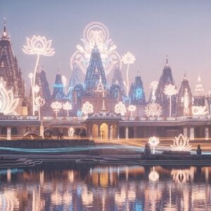 A breathtaking, ethereal scene of Chhuikhadan's ancient temples and majestic palaces under a serene twilight sky, with a soft, pastel color palette of pale pinks, soft blues, and warm golds. Intricate patterns and cultural motifs such as glowing mandalas and lotus flowers adorn the temple structures. The foreground features a tranquil water surface reflecting the luminous architecture, enhancing the surreal ambiance. Subtle hints of historical elements are intertwined with modern digital aesthetics, creating a harmonious balance between tradition and innovation. The scene exudes a sense of peace and spiritual enlightenment, inviting viewers to embark on a captivating journey through Chhuikhadan's rich heritage.