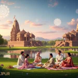 A serene, ethereal depiction of a vibrant landscape in Surajpur. The scene features lush greenery, tranquil water bodies, and ancient temples adorned with intricate carvings, seamlessly blending traditional Indian architecture with modern aesthetics. In the foreground, a family picnic is underway with elegantly dressed Indian characters in soft pastel-colored attire, sharing a joyful moment surrounded by nature. The sky is a palette of soft blue and pale pink hues, with glowing mandalas subtly embedded in the clouds. Soft, warm light bathes the entire scene, creating a tranquil and inviting atmosphere that captures the essence of a spiritual journey. The art style is hyperrealistic with a touch of surrealism, emphasizing the harmony between tradition and modernity.