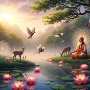 A serene landscape of Yawal Wildlife Sanctuary bathed in the soft glow of dawn, where mist gently blankets the lush green foliage and tranquil waters reflect the pastel colors of the sky. In the foreground, a meditative Indian sage in traditional attire sits in peaceful contemplation by the water's edge, surrounded by glowing mandalas and lotus flowers. Delicate birds with iridescent feathers flutter around, and a gentle deer grazes nearby, embodying harmony with nature. The scene is infused with ethereal light and a spiritual aura, capturing the essence of a modern-day spiritual retreat in a hyperrealistic and surreal art style. The atmosphere is one of calm, tranquility, and connection with the natural world.