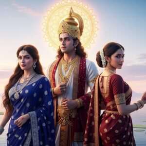 In an ethereal, surreal landscape, depict King Yayati in regal attire, with an expression of contemplation, standing between Devayani and Sharmishtha. Devayani, on his right, is adorned in a traditional maroon saree with intricate gold patterns, symbolizing her noble status, her eyes reflecting determination. On his left, Sharmishtha, in a deep peacock blue saree with delicate silver motifs, exudes grace and poise. The backdrop features a soft, glowing pastel sky with a radiant golden mandala illuminating the scene. Large lotus flowers and calm water surfaces add to the serene atmosphere. The lighting is gentle yet vivid, highlighting the contrasting emotions and tensions in their relationships. The art style is hyperrealistic with modern digital aesthetics, merging traditional Indian motifs with contemporary elements.