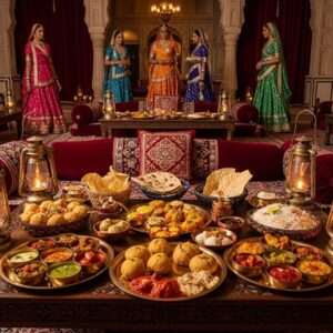 A lavish Rajasthani royal feast set on an intricately carved wooden table, adorned with traditional brass thali platters filled with a variety of vibrant, aromatic dishes like dal baati churma, laal maas, and gatte ki sabzi. Surrounding the feast are rich tapestries and cushions in deep maroon and gold, reflecting the opulence of a royal dining hall. In the background, elegant Indian women dressed in traditional Rajasthani attire with elaborate jewelry and colorful lehengas are gracefully serving the food. The scene is lit by warm, glowing lanterns that cast a serene, inviting glow over the setting, creating an atmosphere of hospitality and regality. The art style is hyperrealistic with a blend of traditional Rajasthani motifs and modern digital aesthetics.