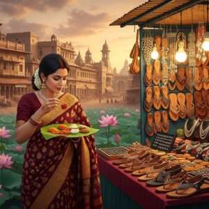 In the vibrant cityscape of Kolhapur, an Indian woman in a traditional saree (rich maroon and gold) is portrayed savoring a sumptuous local dish, intricately arranged on a banana leaf. She stands beside a bustling market stall, abundant with colorful Kolhapuri crafts, such as handcrafted jewelry and traditional leather sandals. The scene is alive with warm hues and soft glowing lights that accentuate the intricate details of the crafts and food. In the background, there's a blend of traditional architectural elements and modern city life, creating a harmonious fusion of heritage and contemporary aesthetics. The art style is hyperrealistic with a serene and ethereal quality, capturing the essence of tradition meeting modernity. A gentle breeze sways nearby lotus flowers, adding a touch of tranquility to the lively atmosphere.