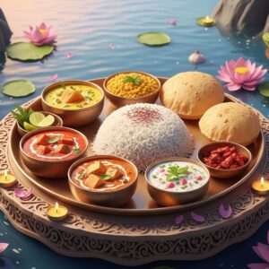 In a serene, ethereal setting, a beautifully decorated traditional Indian thali is presented, filled with an array of spiritual foods from Sitapur. Each dish is intricately styled with vibrant colors and textures, reflecting its cultural significance and unique flavors. The thali is placed on a glowing, ornate wooden table adorned with lotus flowers and gentle candlelight. Surrounding the table, the background features a mystical landscape with soft pastel hues and gentle, flowing water. The scene exudes tranquility and mindfulness, inviting viewers to immerse themselves in the rich culinary traditions of Sitapur. The art style is hyperrealistic with a touch of surrealism, capturing the essence of Indian spiritual dining.