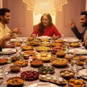 An inviting scene showcasing a vibrant, richly-decorated Indian dining table laden with an array of Vidarbha's traditional dishes. The table is adorned with intricate Madhubani patterns and surrounded by serene, ethereal pastel hues. A large, glowing mandala hovers above, casting a warm, golden light over the scene. The dishes are meticulously presented, with rich textures and colors like deep saffron and maroon. Around the table, a group of Indian individuals in modern attire are joyfully engaging in the culinary experience, their expressions reflecting the flavors and aromas. The overall tone is one of celebration, tradition, and warmth, capturing the essence of Vidarbha's culinary heritage with a contemporary twist.