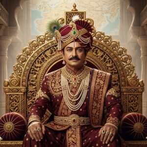 A regal and commanding Indian emperor, Bindusara, known as Amitraghata, is depicted seated on an ornate, gilded throne adorned with intricate traditional Indian patterns. He is dressed in a rich maroon and gold royal attire with elaborate jewelry. The setting is an opulent ancient Indian palace hall with towering carved columns and grand arches. The background features an expansive map of ancient India subtly glowing, highlighting the extent of his empire. Soft, ethereal lighting casts a warm glow over the scene, emphasizing the emperor's wise and authoritative demeanor. The art style combines hyperrealistic detail with a surreal atmosphere, merging traditional Indian artistry with modern digital aesthetics. The scene conveys a sense of power, legacy, and the grandiosity of Bindusara's reign.