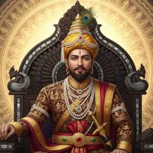 A regal Indian emperor, Bindusara, seated on an ornate throne. He is depicted with a dignified expression, adorned in traditional royal attire of rich maroon and gold with intricate patterns reminiscent of Phad art. The backdrop features a large, ethereal mandala glowing softly in warm golden hues, symbolizing his title "Amitraghata" (Slayer of Enemies). The scene includes symbolic elements like a peacock feather and lotus flowers subtly integrated into the background, enhancing the surreal and spiritual atmosphere. The lighting is soft and radiant, casting a serene glow over the scene. The art style is hyperrealistic, merging traditional Indian art forms with modern digital aesthetics.