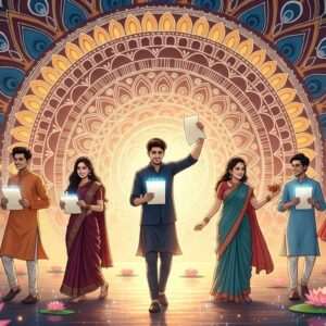 A serene, ethereal digital illustration showcasing a group of Indian students joyfully celebrating their Amravati Board Exam results. The scene captures them in traditional Indian attire, set against a backdrop of a surreal, glowing mandala that symbolizes enlightenment and success. The mandala is intricately designed with elements from Madhubani and Pattachitra art styles, incorporating rich colors like saffron, maroon, and peacock blue. In the foreground, there are stylized lotus flowers, symbolizing purity and achievement. The students hold their result papers, which glow softly, adding a touch of modern digital aesthetics to the image. The lighting is warm and soft, emphasizing the harmonious blend of tradition and modernity, creating a tranquil and inspiring atmosphere.