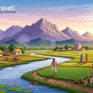 An intricate digital illustration of the Amravati Division's vibrant landscape, blending traditional Indian art motifs with modern aesthetics. The foreground features a serene river winding through lush green fields and rolling hills, dotted with traditional Maharashtrian village huts. In the background, the majestic Satpura mountain range is visible under a sky painted in soft pastel hues of dawn. The scene is enriched with cultural elements like a farmer in traditional attire tending to crops, a woman drawing water from a well, and distant views of a bustling market. The overall composition is enhanced by glowing mandalas and lotus flowers subtly integrated into the landscape, creating a surreal and spiritual atmosphere that invites readers to explore the rich geography and culture of Amravati. The use of deep colors like peacock blue and maroon adds depth, while soft glowing lights emphasize the tranquility and harmony of the region.