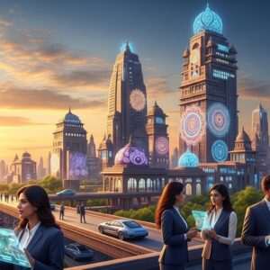 A vibrant and futuristic cityscape of Amravati in 2026, showcasing sleek, modern government buildings with intricate, traditional Indian architectural details. The buildings are adorned with glowing mandalas and cultural motifs, reflecting a blend of modernity and heritage. In the foreground, diverse Indian professionals in contemporary attire engage in dynamic discussions, holding digital tablets. The scene is illuminated by a warm, golden glow from the setting sun, casting long shadows and highlighting the rich saffron and peacock blue hues of the skyline. The atmosphere conveys progress, innovation, and cultural richness, drawing viewers into the narrative of Amravati's evolution.