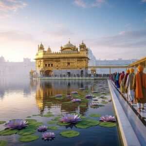 A serene, ethereal depiction of the Golden Temple in Amritsar at dawn, with the temple glowing in warm golden light against a pastel sky of soft blues and pinks. The temple's reflection shimmers on the calm water surface of the surrounding sacred pool, with gentle ripples creating a surreal and tranquil atmosphere. Intricate patterns of lotus flowers float on the water, adding to the spiritual ambiance. Indian devotees in traditional attire are seen walking along the marble pathway, their figures softly illuminated by the early morning light. The scene captures both the historical grandeur and modern digital aesthetics of Amritsar in 2026, blending heritage with innovation in a hyperrealistic style.
