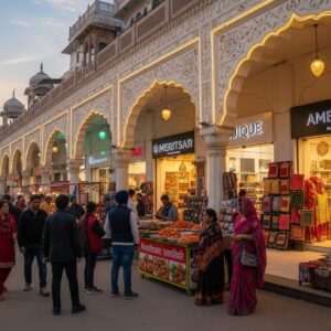 Amidst a vibrant and bustling scene of Amritsar's Heritage Street, a diverse crowd of Indian characters in modern and traditional attire immerses themselves in the rich cultural tapestry. The street is adorned with ornate arches and intricate patterns inspired by traditional Indian art forms, highlighted by glowing pastel lights. Food stalls exude an aromatic array of spices, with vendors showcasing colorful assortments of local delicacies. In the background, modern boutique shops display an array of traditional crafts and fabrics, blending heritage with contemporary aesthetics. The atmosphere is lively yet serene, with golden hues and soft blue skies creating a surreal, inviting ambiance that entices the viewer to explore the cultural richness and diversity of Amritsar in 2026.