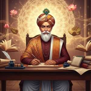 An Indian scholar with an intense gaze, symbolizing Bankim Chandra Chatterjee, seated at an antique wooden desk laden with scrolls and ink. He is dressed in traditional 19th-century Bengali attire, with a regal turban and intricately patterned shawl. The background features a fusion of modern digital elements and traditional Indian art, with a large, glowing mandala subtly integrated into the scene. Around him, ethereal wisps of golden light dance, forming shapes of lotus flowers and books, signifying his enduring literary contributions. The color palette includes rich maroon, saffron, and peacock blue, creating a serene yet inspiring atmosphere. The overall tone is one of reverence and intellectual enlightenment, with a hyperrealistic style that draws viewers into the visionary world of Chatterjee.