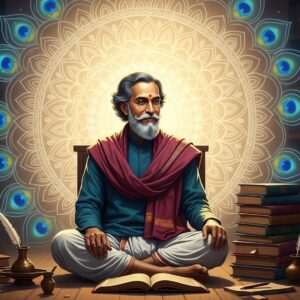 An Indian scholar, depicted as Bankim Chandra Chatterjee, seated in a serene study room filled with an aura of intellectual brilliance. He is wearing traditional Bengali attire, a dhoti, and a shawl, with a slight smile on his face reflecting wisdom and contemplation. The background features a large, intricate mandala pattern glowing softly, symbolizing the profound impact of his literary works. The scene is bathed in warm, golden light, enhancing the rich colors of maroon and peacock blue. A stack of ancient books and quills are artistically arranged around him, hinting at his literary legacy. The atmosphere is ethereal and tranquil, inviting viewers to delve into his life and contributions to Indian literature. The art style should be hyperrealistic with a modern digital aesthetic, blending traditional Indian art motifs with contemporary elements.
